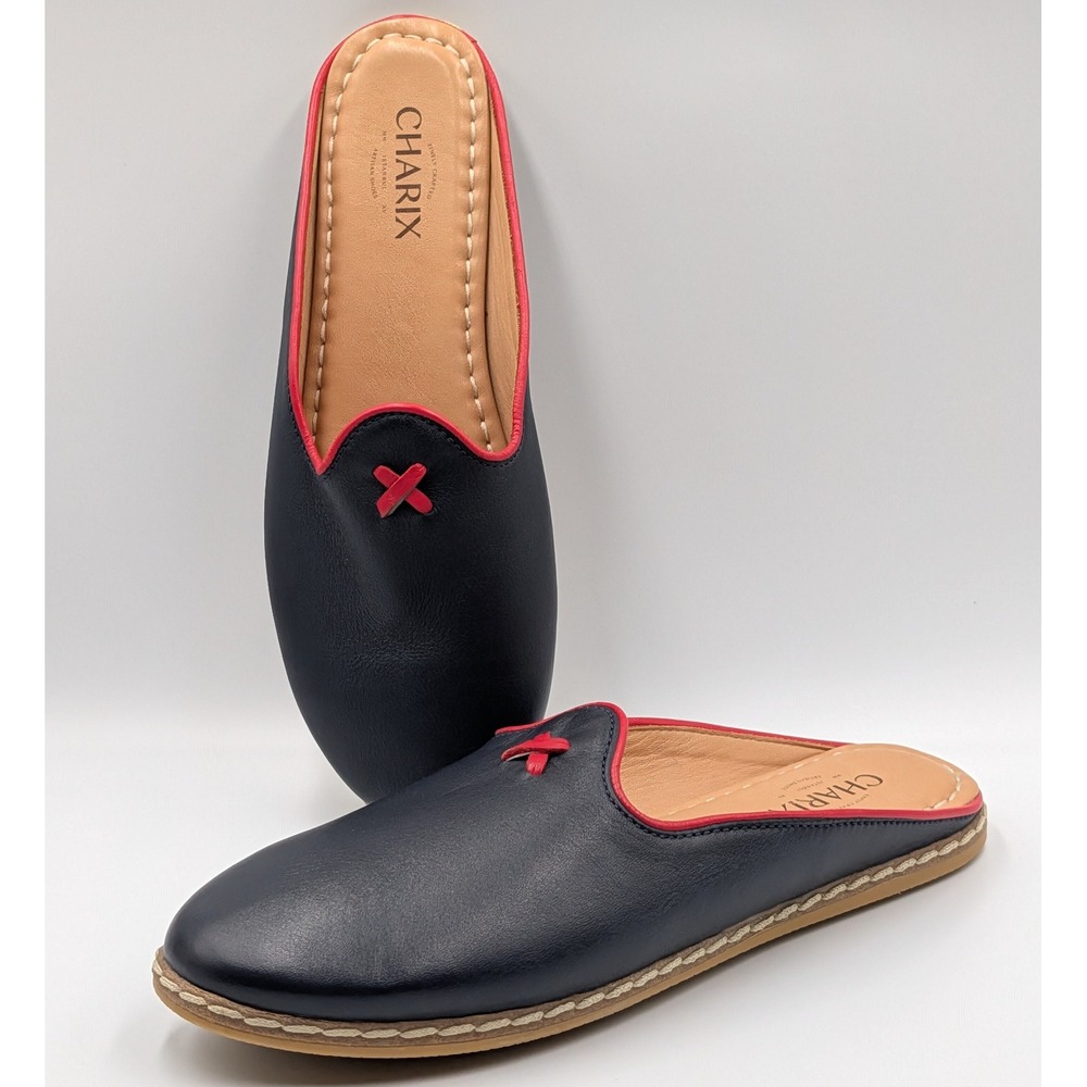Charix Navy Blue Leather Mules Red Trim Artisan Slip On Shoes Womens 42EU/11.5US